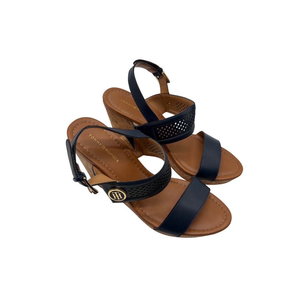 Tommy Hilfiger Wedge Sandals Womens 9.5 Navy Excellent Cork Heel Perforated